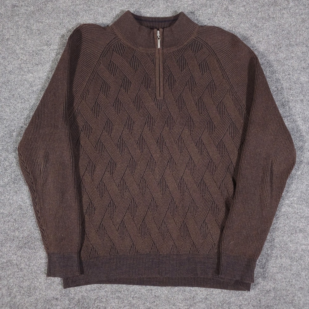 Tommy Bahama Mens Sweater Large Cable Knit Chunky Fisherman Brown 1/4‎ Zip
